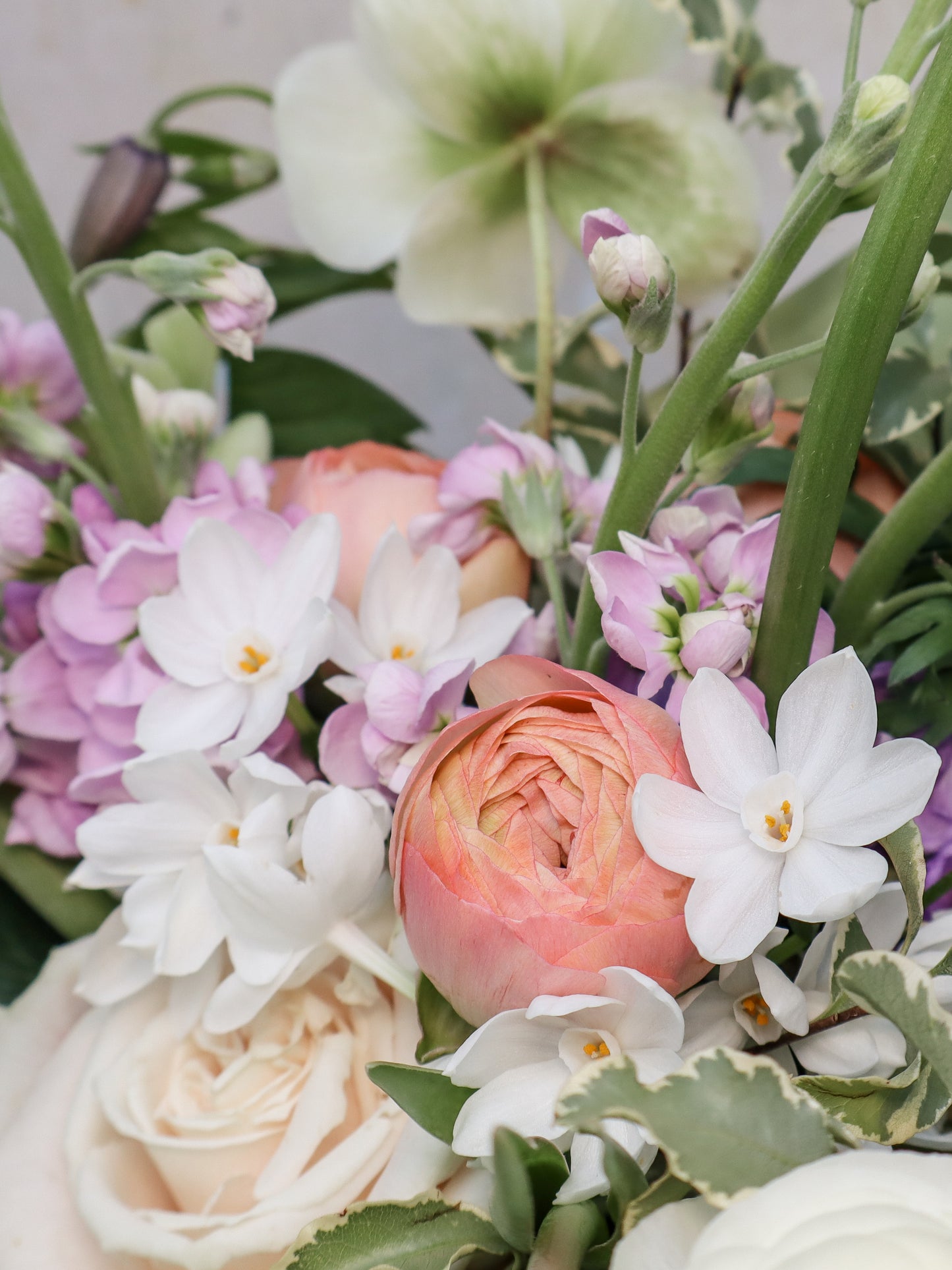 Pretty pastel peonies with blush pink tones.